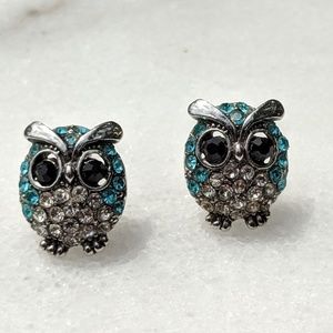 Blue black rhinestone owl earrings